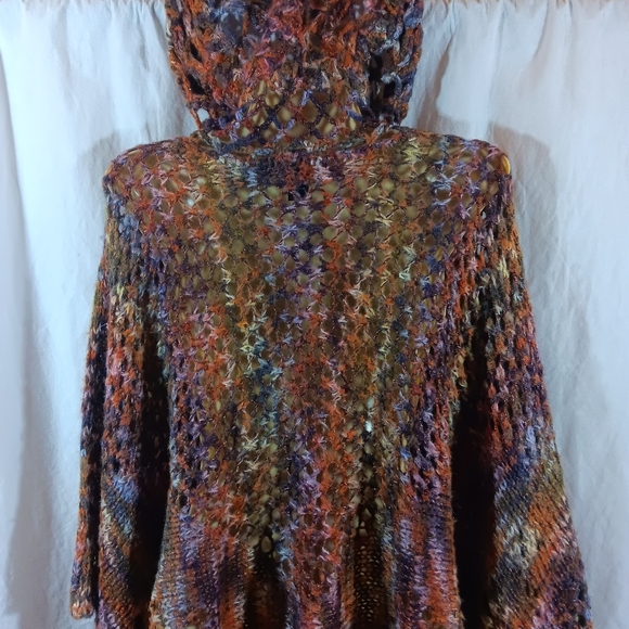 Express Womens Large Y2K Knit Hooded Poncho Open Weave Cable Earthy Metallic - Picture 10 of 15